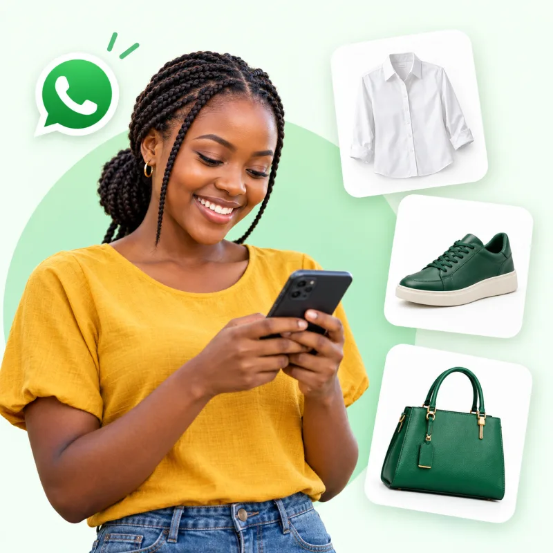A smiling woman shopping on her phone beside a WhatsApp icon and floating shirt, shoe and handbag cards.